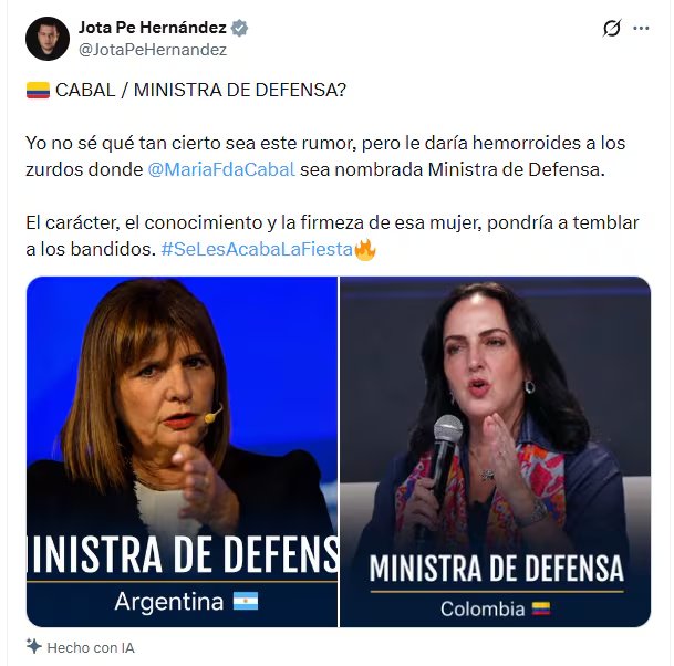 El senador reconoció el posible nombramiento de Cabal en el Ministerio de Defensa - crédito @JotaPeHernandez/X