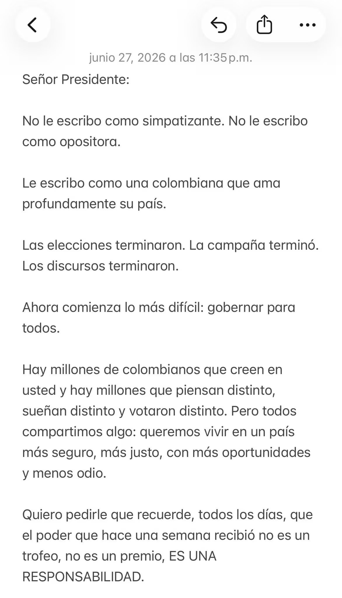 Parte 1 de la carta pública de Karol G a Abelardo de la Espriella - crédito Karol G / X