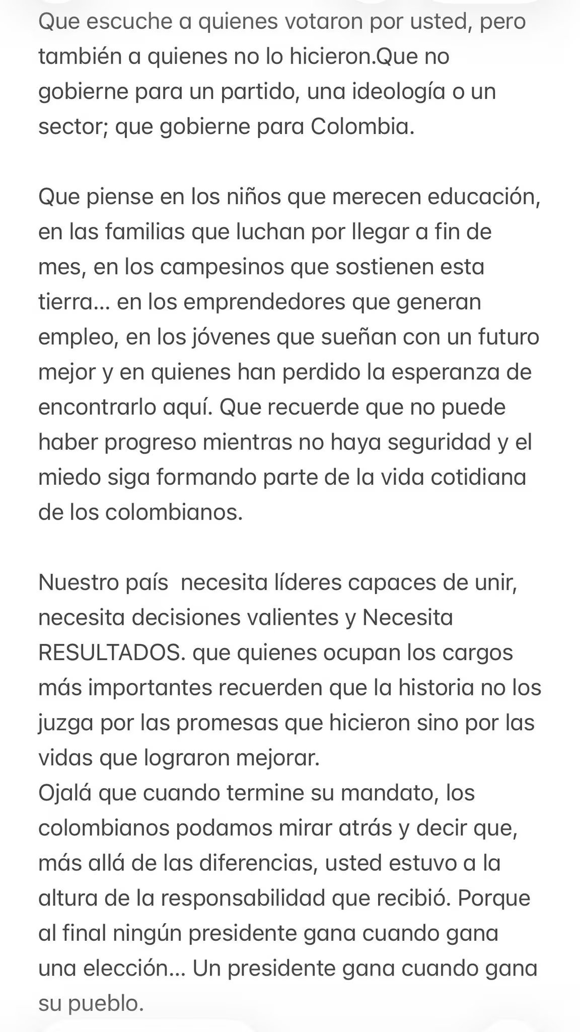 Parte 2 de la carta pública de Karol G a Abelardo de la Espriella en la que la famosa pidió mirar a aquellos que no tienen las mismas oportunidades - crédito Karol G / X