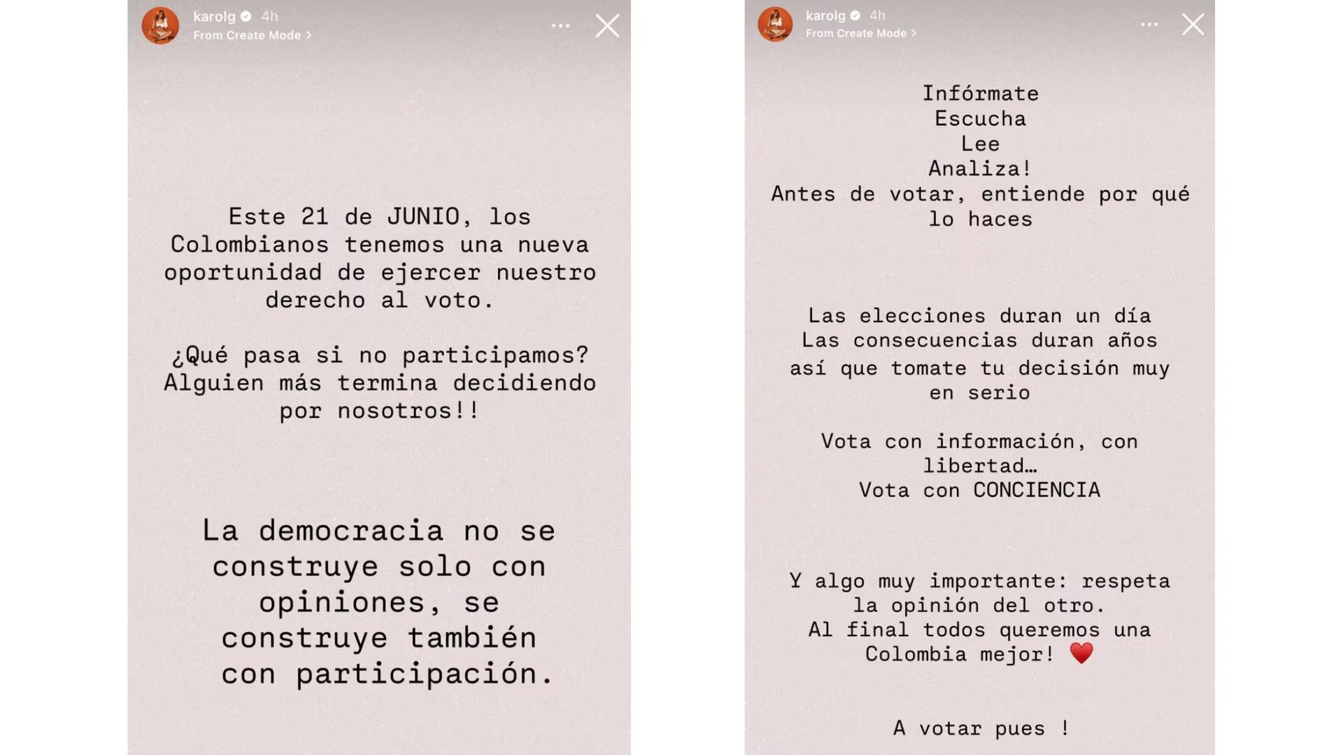 Karol G reapareció en redes para motivar a sus seguidores a participar de manera informada y responsable - crédito @karolg / Instagram