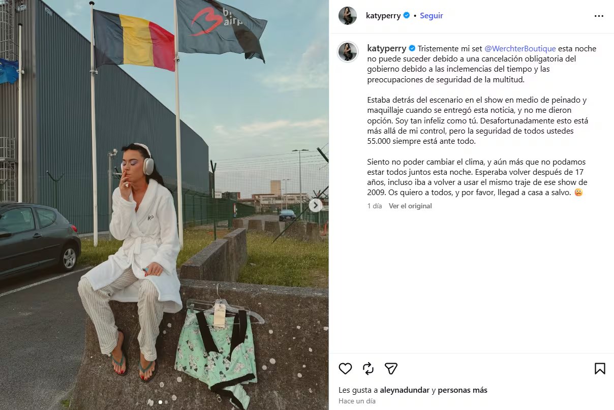 La organización de Rock Werchter resolvió el cierre anticipado del festival tras consultar pronósticos que anticipaban tormentas eléctricas desde la medianoche (Instagram/@katyperry)