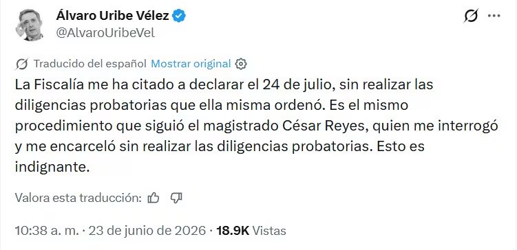 La comparecencia fue definida para el 24 de julio y, según los reportes, la funcionaria le comunicará formalmente su incorporación a un proceso por episodios de violencia en Antioquia - crédito captura de pantalla @AlvaroUribeVel