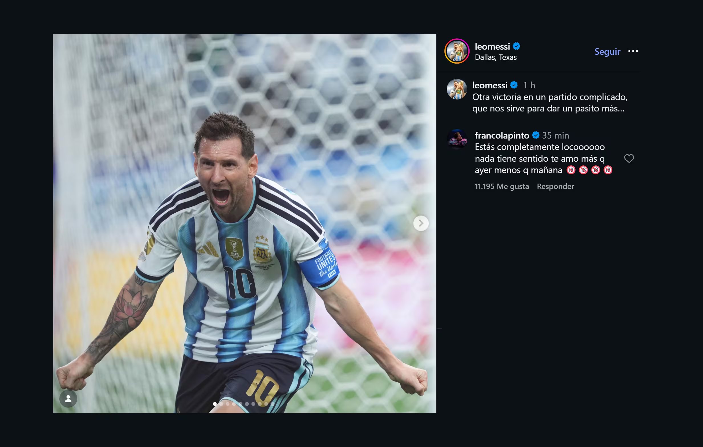 El comentario de Colapinto en el posteo de Messi (IG @leomessi)