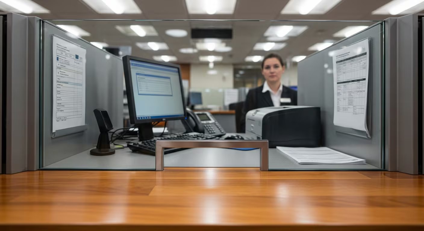 Vista interior de una ventanilla bancaria mostrando una estación de trabajo equipada con computadora, teléfono y documentos, mientras una empleada espera para atender al próximo cliente. La imagen resalta el ambiente profesional y la importancia de la gestión documental en el sector financiero. (Imagen Ilustrativa Infobae)
