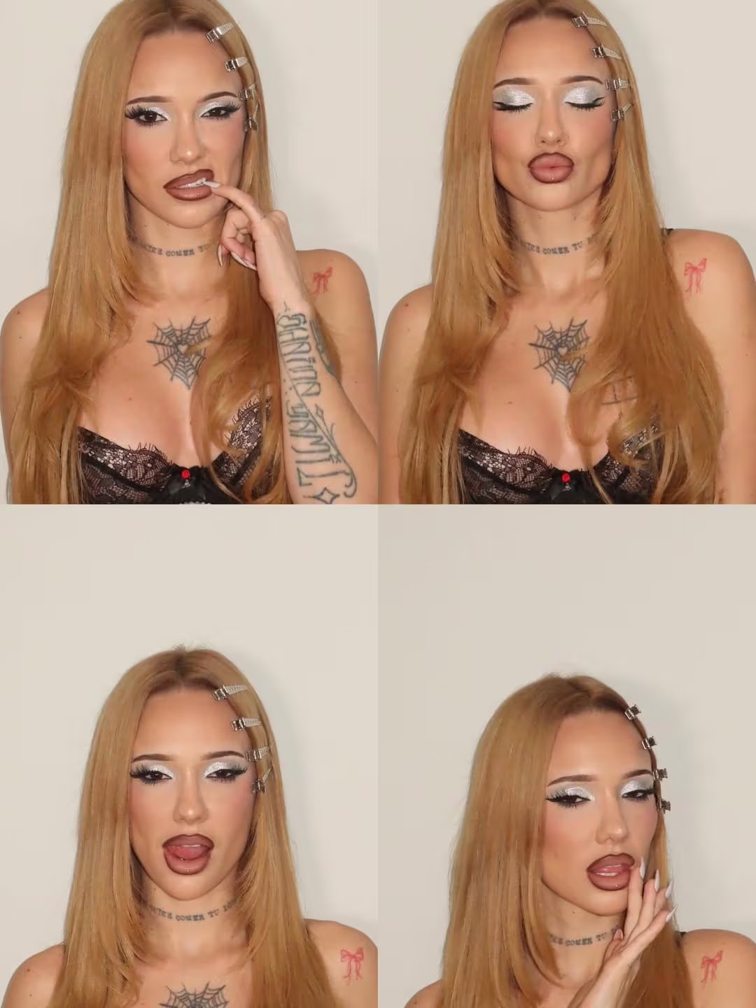 En abril pasado, la Joaqui posó con un impactante nuevo look de cabello rubio y un audaz maquillaje plateado, mostrando sus distintivos tatuajes (Instagram)