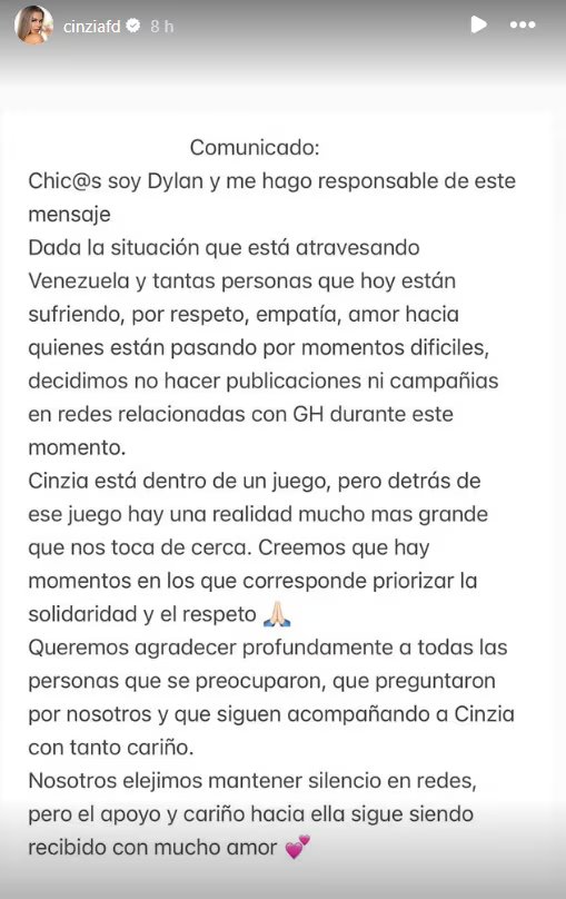 El comunicado de la pareja de Cinzia de Gran Hermano tras los terremotos en Venezuela (Instagram)