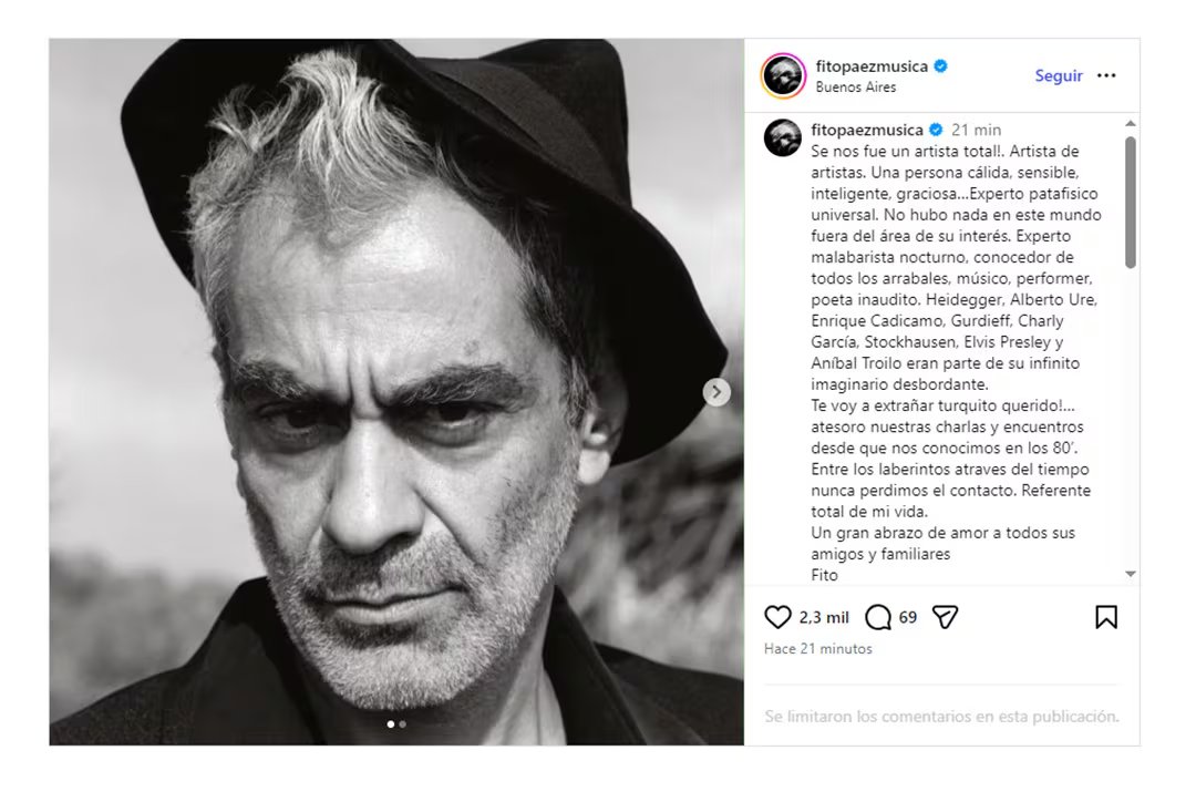 Un retrato en blanco y negro de Melingo ilustra el homenaje del músico Fito Páez al artista fallecido.
