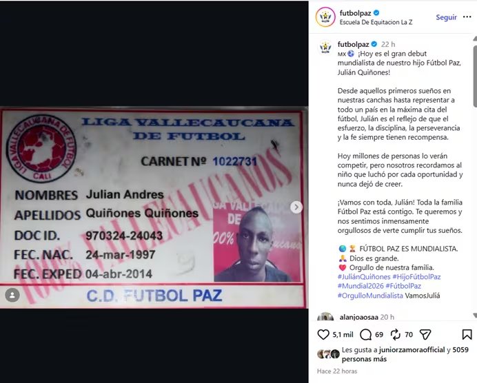 La publicación se difundió el jueves 11 de junio de 2026 - crédito @futbolpaz/IG