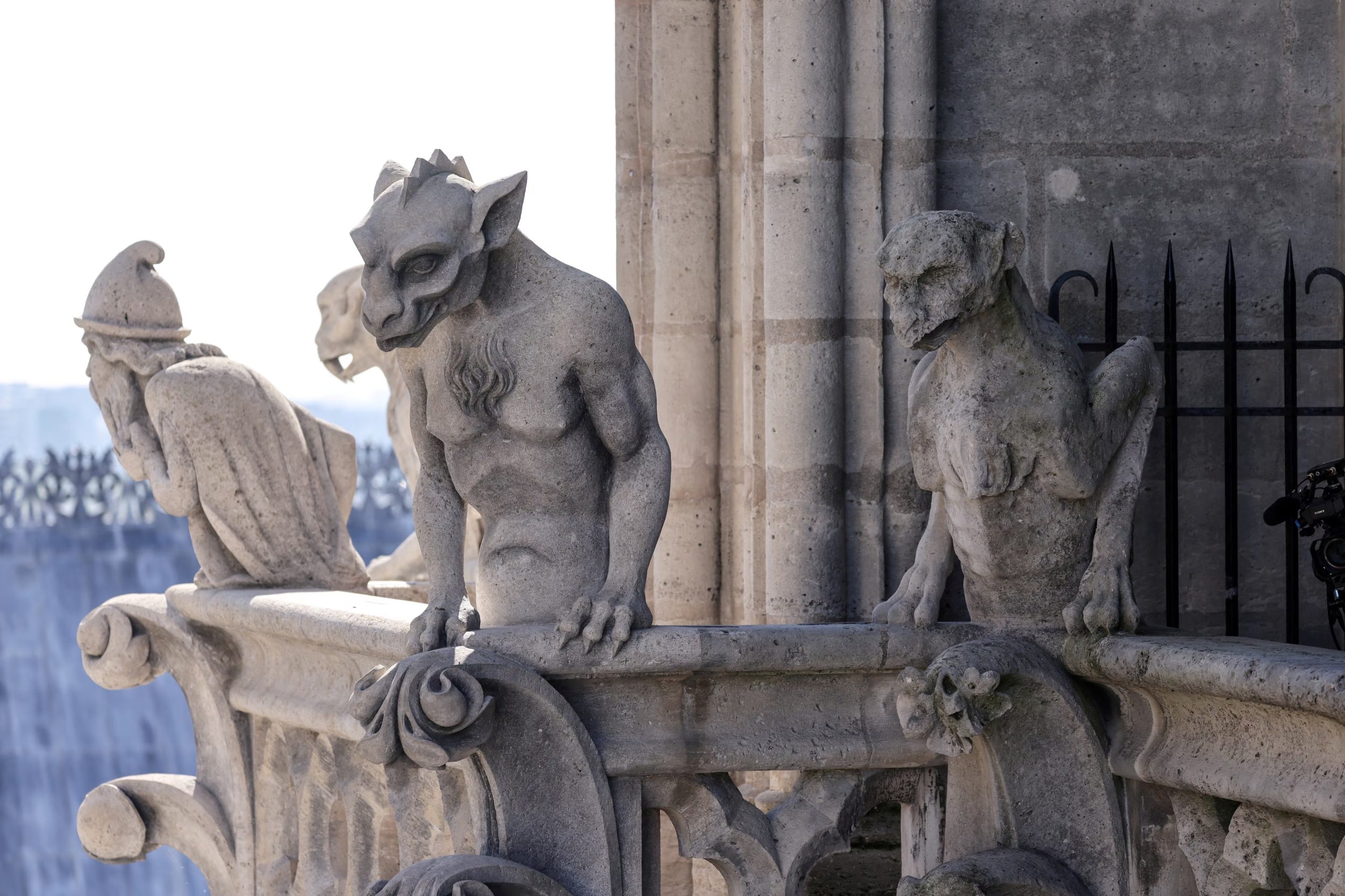 Quimeras de la catedral de Notre Dame durante la inauguración del nuevo recorrido por las torres góticas, el 19 de septiembre de 2025. La catedral, reconstruida tras el incendio de abril de 2019, reabrió al público en diciembre de 2024 después de cinco años de obras con casi 700 millones de euros invertidos. (Ludovic Marin/Pool via REUTERS/archivo)