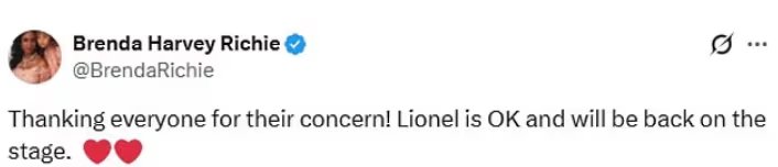 Brenda Harvey afirmó que Lionel Richie está bien y que volverá al escenario tras el episodio médico en Minnesota (X)