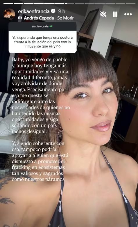 La influenciadora Erika Muñoz revela su inclinación para la segunda vuelta presidencial en Colombia - crédito @erikaenfrancia/IG