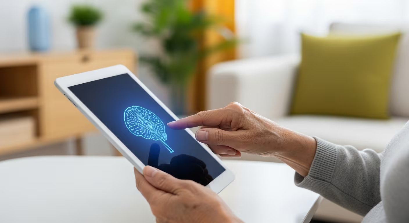 Una persona mayor de rasgos asiáticos utiliza una tableta digital moderna en un entorno doméstico, con un icono de inteligencia artificial representado como un cerebro digital azul en la pantalla, simbolizando la accesibilidad tecnológica. (Imagen Ilustrativa Infobae)