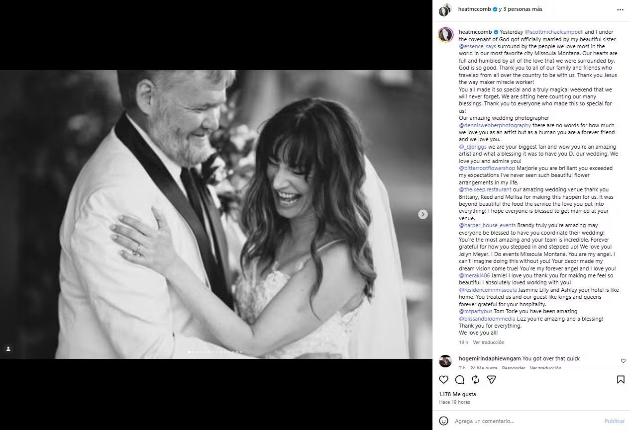 La ceremonia de Heather McComb en Montana tuvo señales que ella interpretó como la presencia de seres queridos que ya no estaban allí.(Instagram/@heatmccomb)