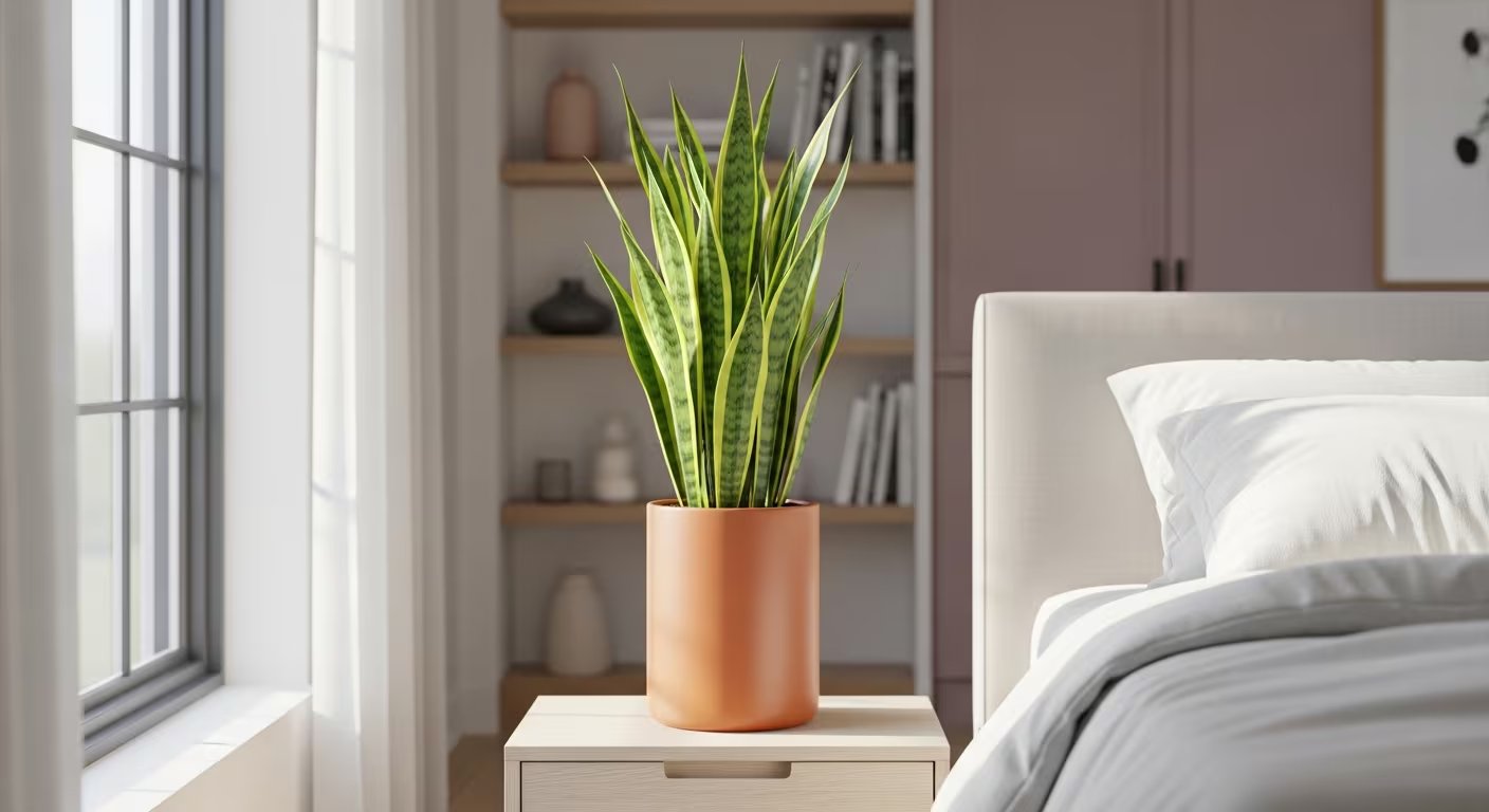 Una planta sanseviera en maceta decora una mesa de noche junto a una cama con sábanas blancas, recibiendo luz de una ventana. (Imagen Ilustrativa Infobae)