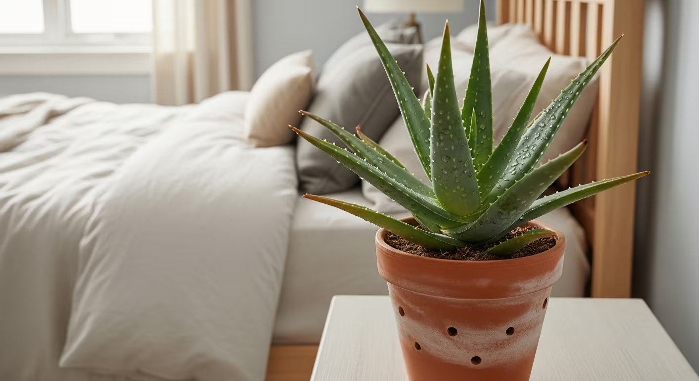 Una planta de Aloe Vera en maceta de barro se sitúa sobre una mesita de noche junto a una cama con cabecero de madera. (Imagen Ilustrativa Infobae)