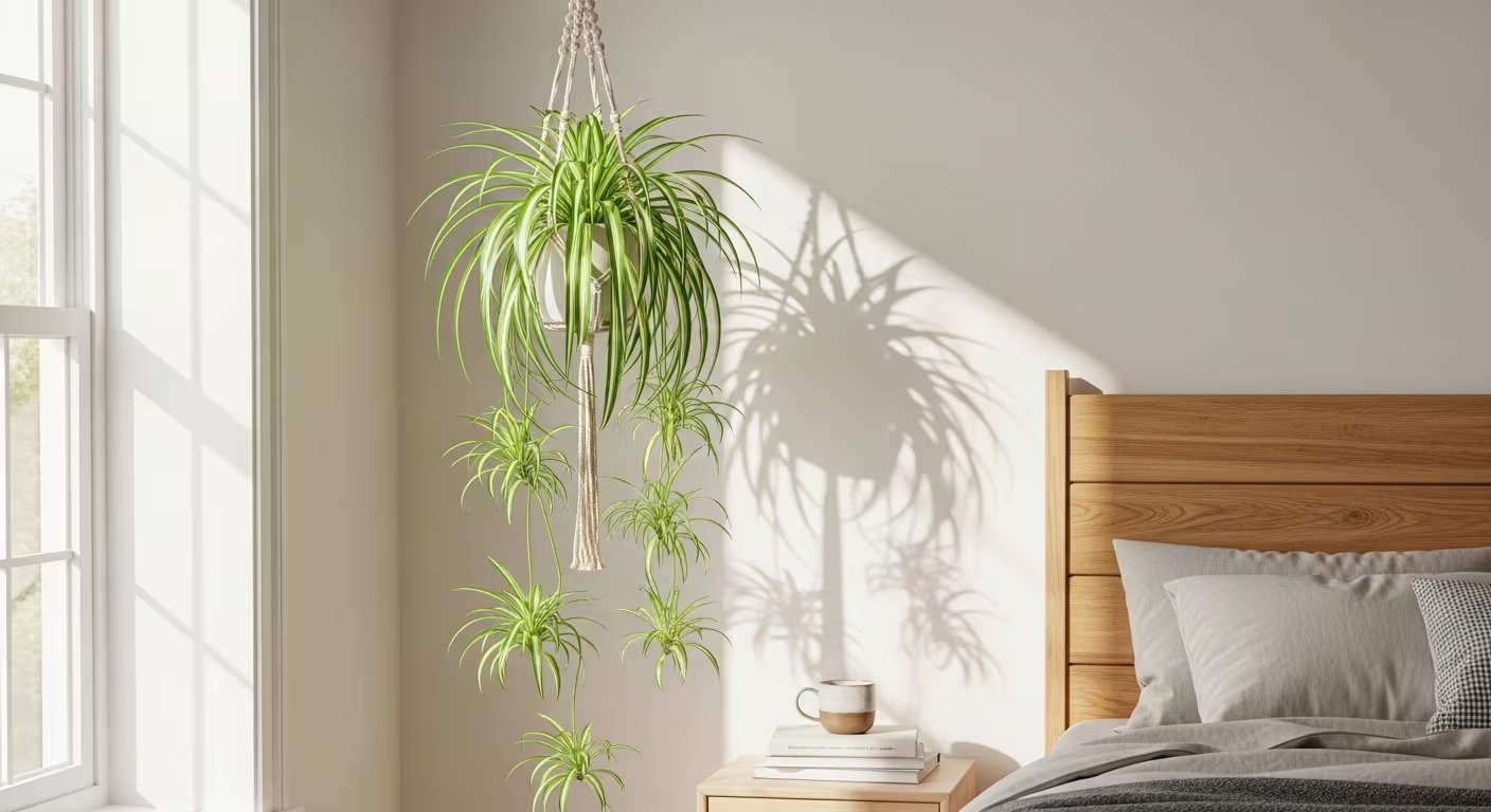 Una planta Cinta cuelga en el interior de un dormitorio, recibiendo luz natural de una ventana lateral y proyectando su sombra en la pared. (Imagen Ilustrativa Infobae)