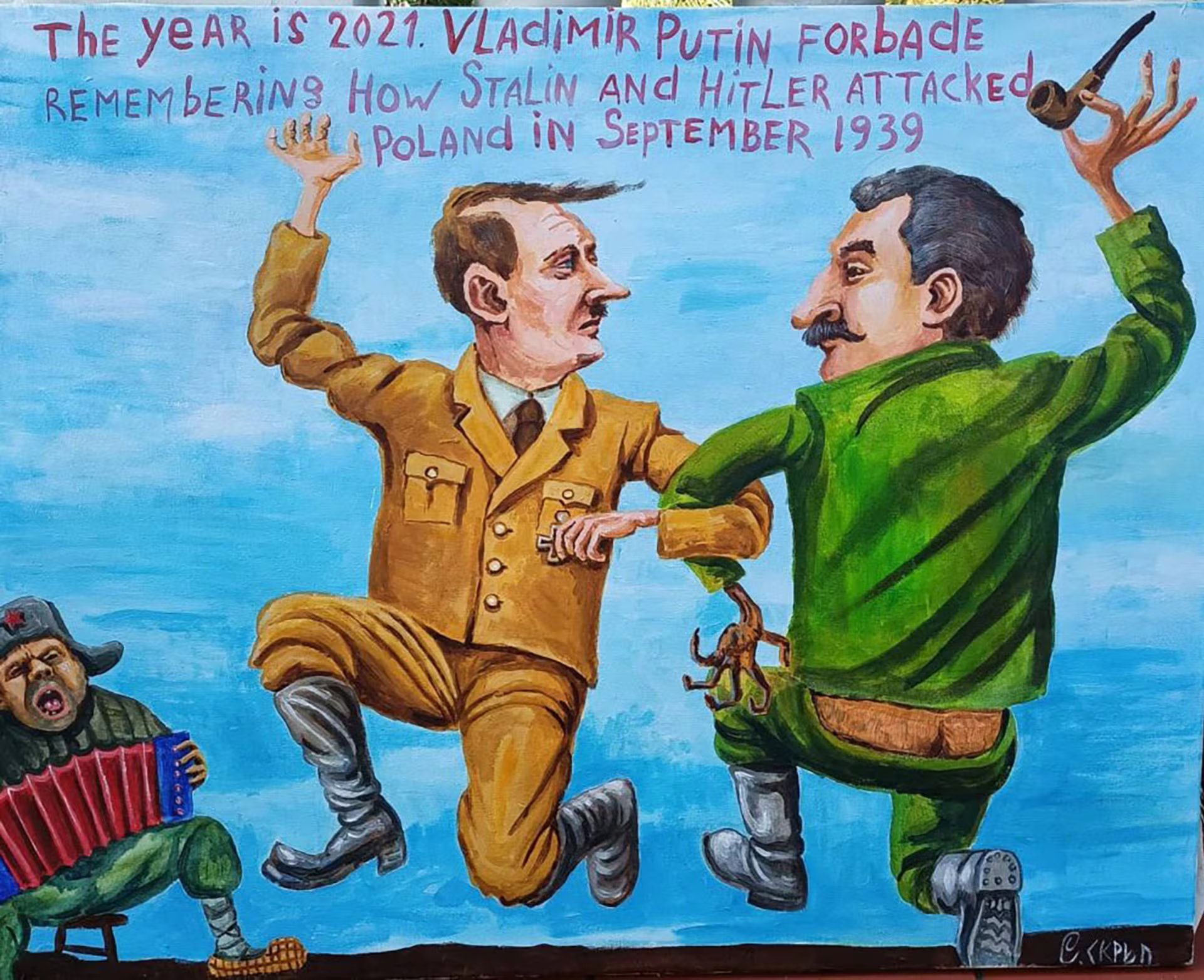 Hitler y Stalin bailan acompañados de un texto en el que se menciona a Putin