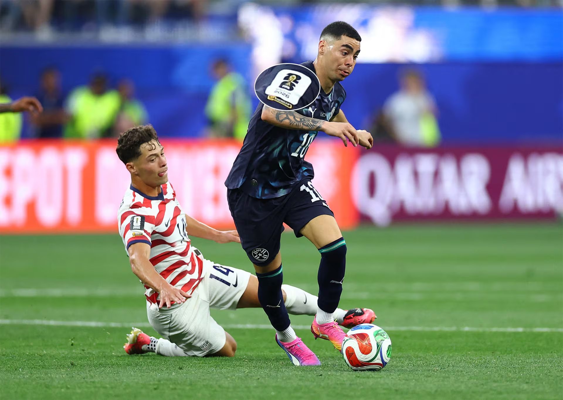 Almirón también lució un parche tras debutar en un Mundial con Paraguay