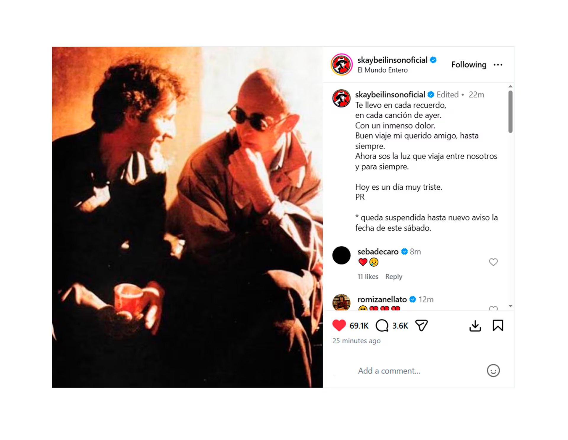 En una emotiva publicación de Instagram, Skay Beilinson compartió una imagen junto a Indio Solari y un mensaje de despedida tras el sensible fallecimiento del reconocido músico