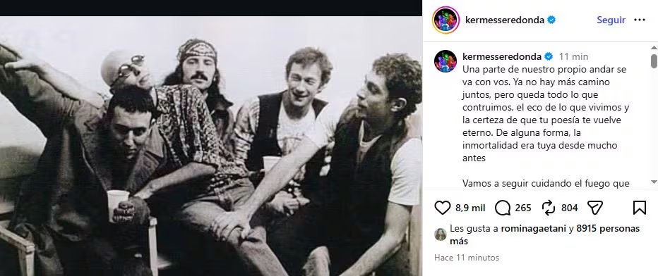 La cuenta de Kermesse Redonda, con una vieja foto de la banda y un sentido mensaje