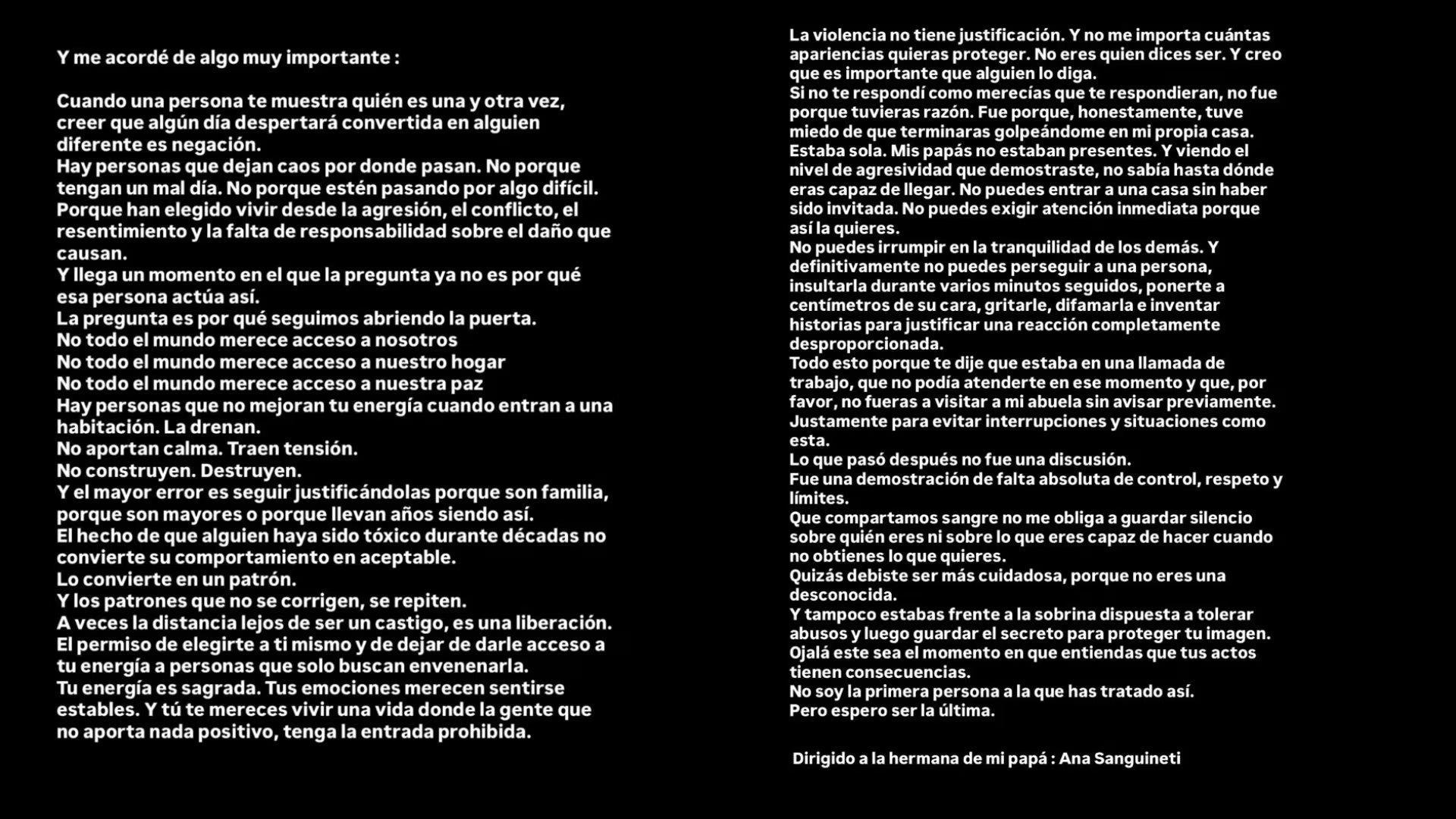 Daniela Sanguineti acusa a su tía Ana Cecilia Sanguinetti de agresión verbal y rompe el silencio familiar