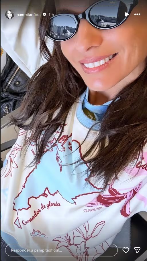 Pampita, sonriente y con lentes de sol reflejando un avión