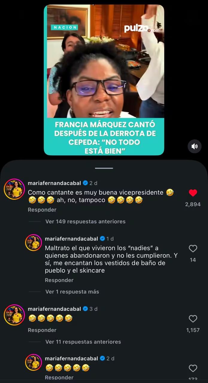 María Fernanda Cabal se burló de Francia Márquez por su intento de cantar al finalizar sus funciones en la vicepresidencia - crédito @puloz_col/IG