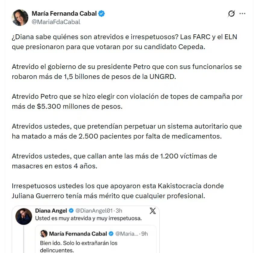 María Fernanda Cabal cuestionó la gestión en materia de seguridad, salud y corrupción durante el mandato de Gustavo Petro, al recalcarlo a Diana Ángel - crédito @MariaFdaCabal/X