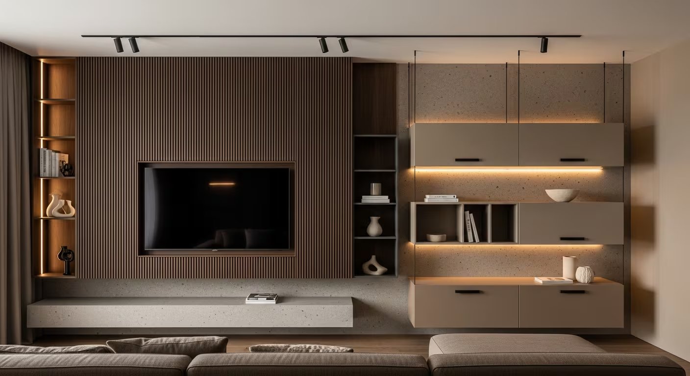 Este living moderno se define por un mural integrado de madera acanalada y microcemento, mobiliario flotante y una cálida iluminación LED que realza su diseño contemporáneo y ordenado. (Imagen Ilustrativa Infobae)
