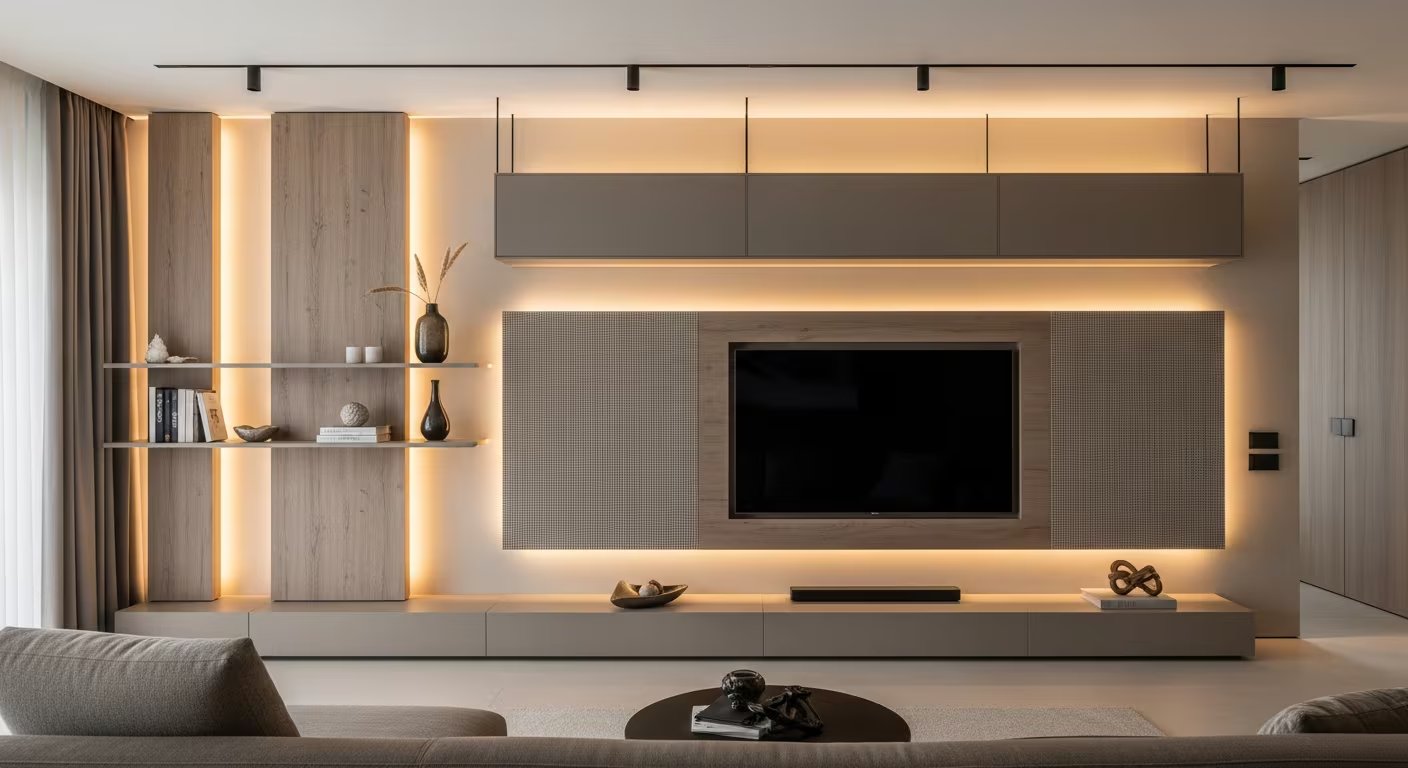 Una elegante sala de estar con un diseño interior contemporáneo, destacando un gran televisor empotrado en un mural de madera natural y paneles texturizados, con iluminación LED cálida. (Imagen Ilustrativa Infobae)