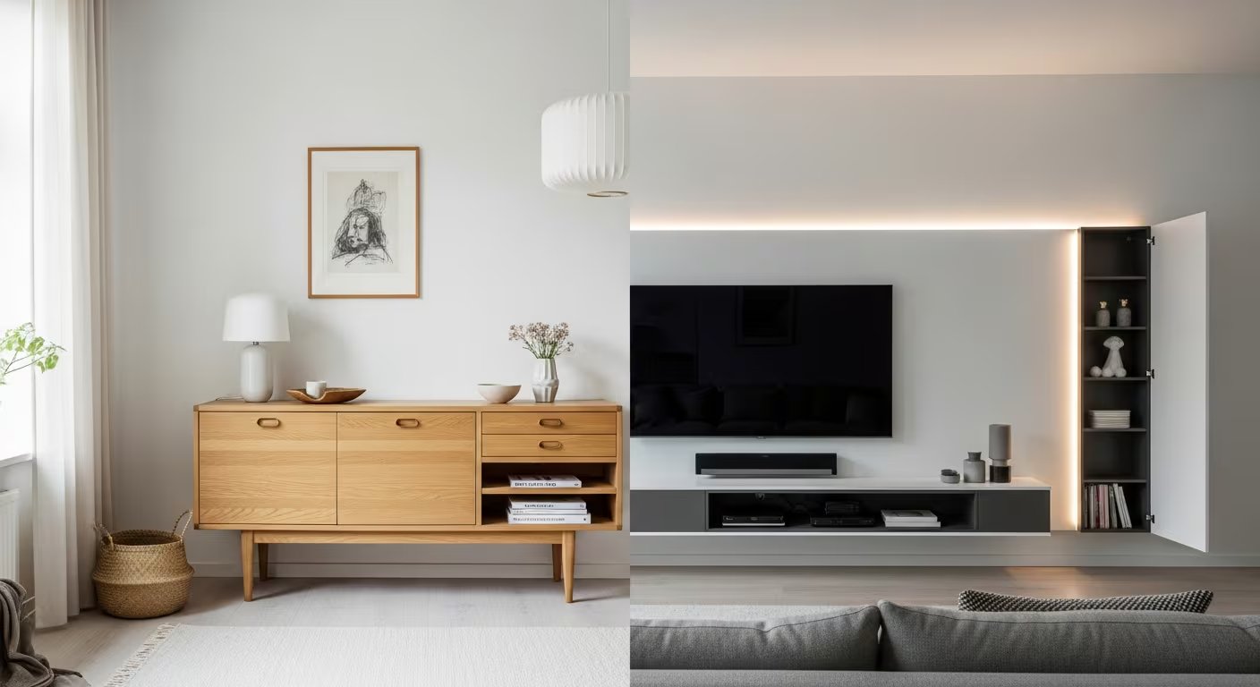 Una sala de estar se divide visualmente, mostrando a la izquierda un rack escandinavo de madera clara y a la derecha un moderno mural integrado con televisor flotante e iluminación LED, reflejando el contraste entre diseños de 2015 y 2026. (Imagen Ilustrativa Infobae)