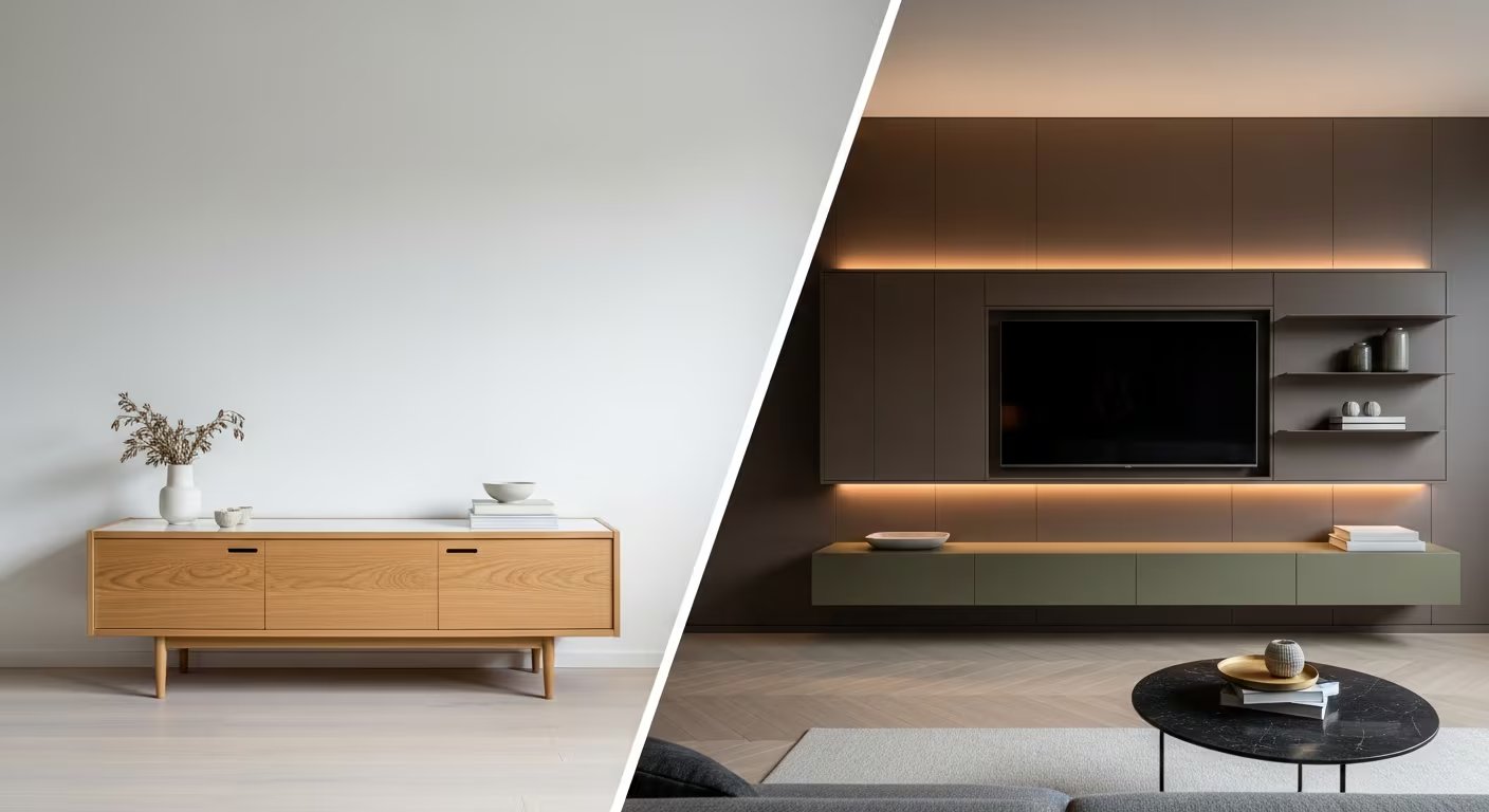 Una fotografía comparativa muestra la evolución de un salón, transitando de un estilo nórdico minimalista con mueble de madera clara a una versión moderna con mural oscuro integrado y televisión empotrada, destacando un dramático contraste en diseño y paleta de colores. (Imagen Ilustrativa Infobae)