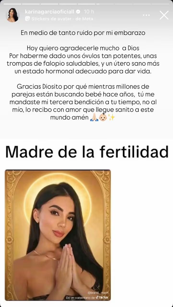 La publicación de Karina García sobre su fertilidad - crédito @karinagarciaoficiall/IG
