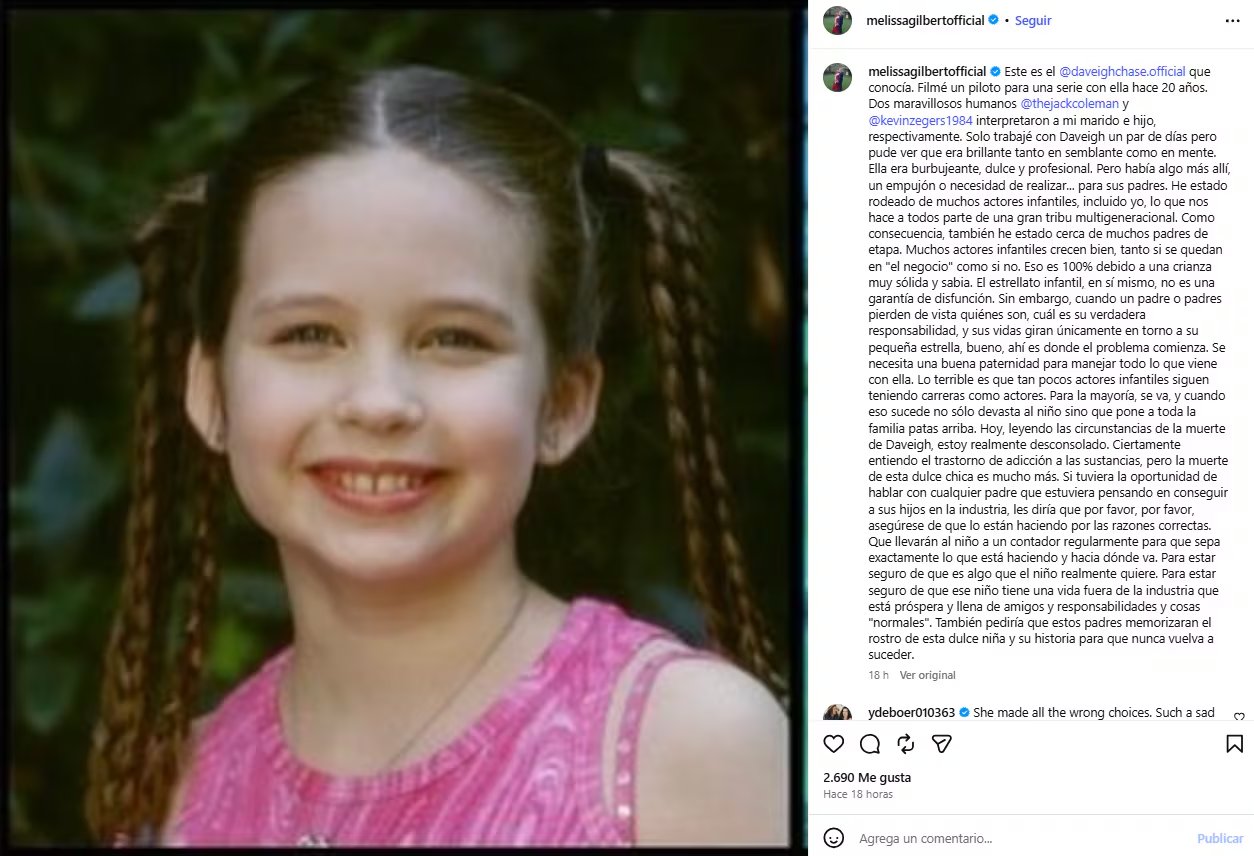 La actriz recordó que trabajó con Chase en un piloto no emitido y afirmó que ya percibía una presión de sus padres para que actuara (Instagram/@melissagilbertofficial)