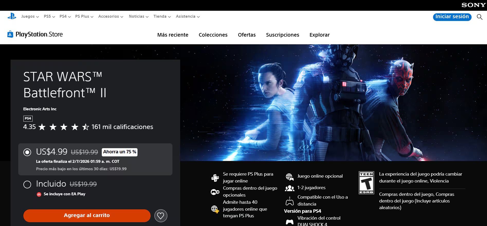 Star Wars Battlefront II es el título con mayor descuento: 75%, a USD 4,99. (PlayStation)