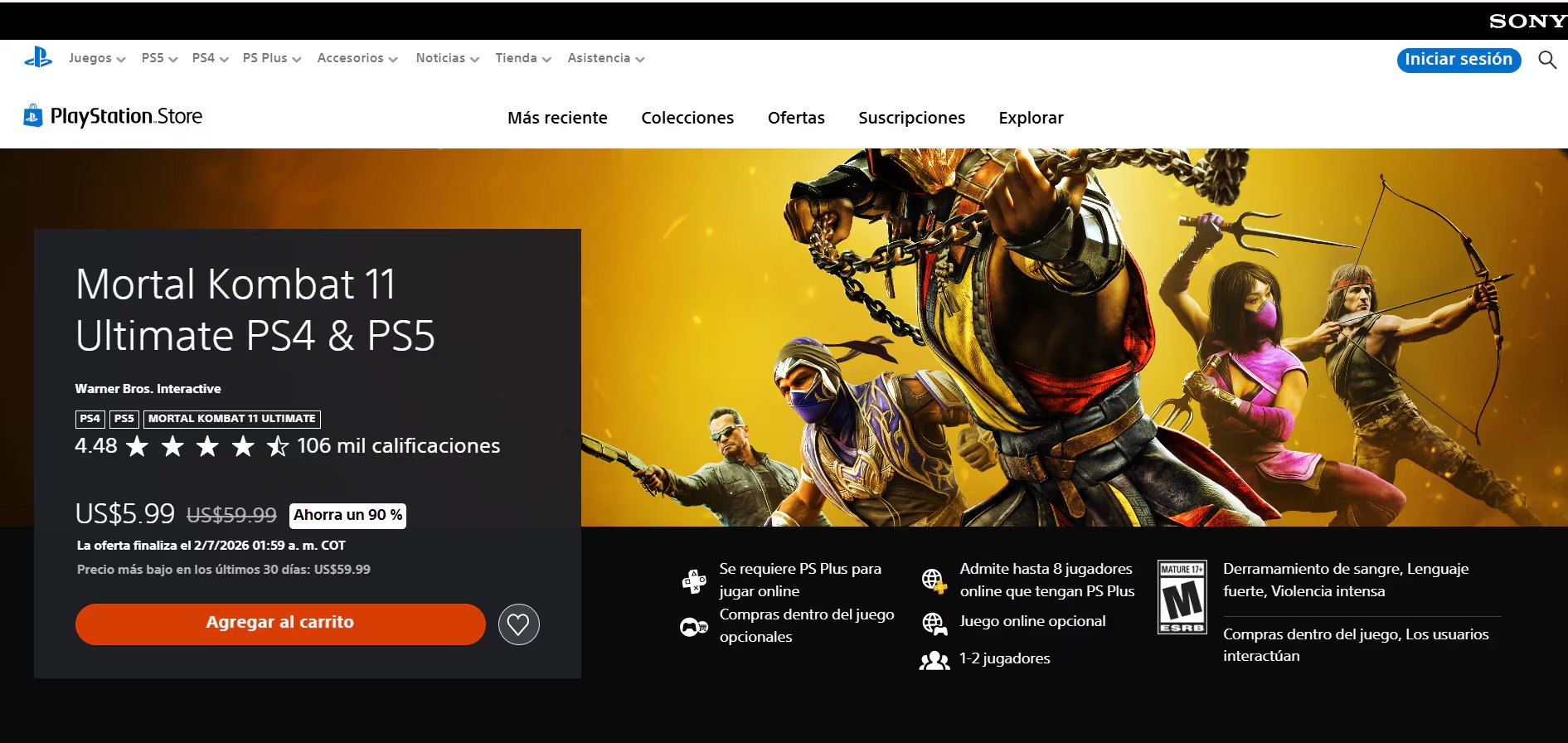 Mortal Kombat 1: Edición Definitiva baja 70% a USD 20,99; su expansión Reina el caos cae 80% a USD 9,99. (PlayStation)