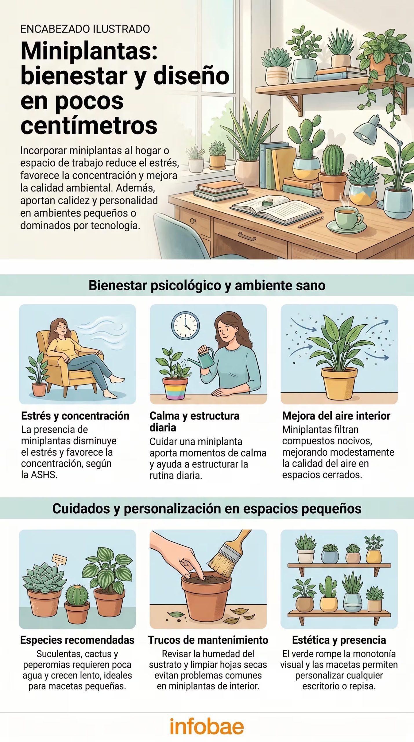 Estudios científicos avalan que las miniplantas mejoran el bienestar emocional, la concentración y la calidad del aire en ambientes interiores, ofreciendo calma y estructura diaria. (Imagen Ilustrativa Infobae)