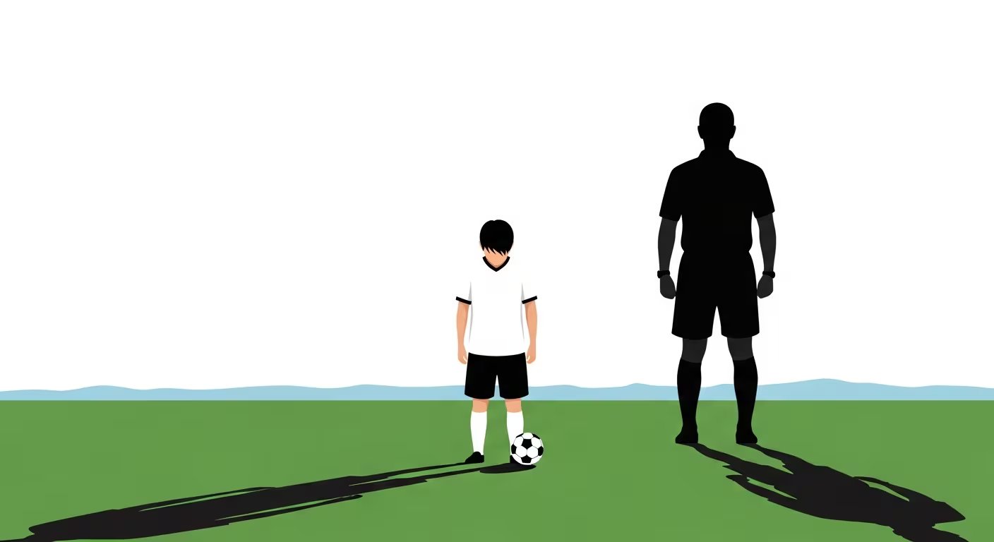 Una ilustración conceptual muestra a un niño de 11 años con uniforme de fútbol, cabizbajo en una cancha, con una pelota a sus pies y una silueta adulta desproporcionadamente grande en la distancia, simbolizando la presión y soledad en el deporte juvenil. (Imagen Ilustrativa Infobae)