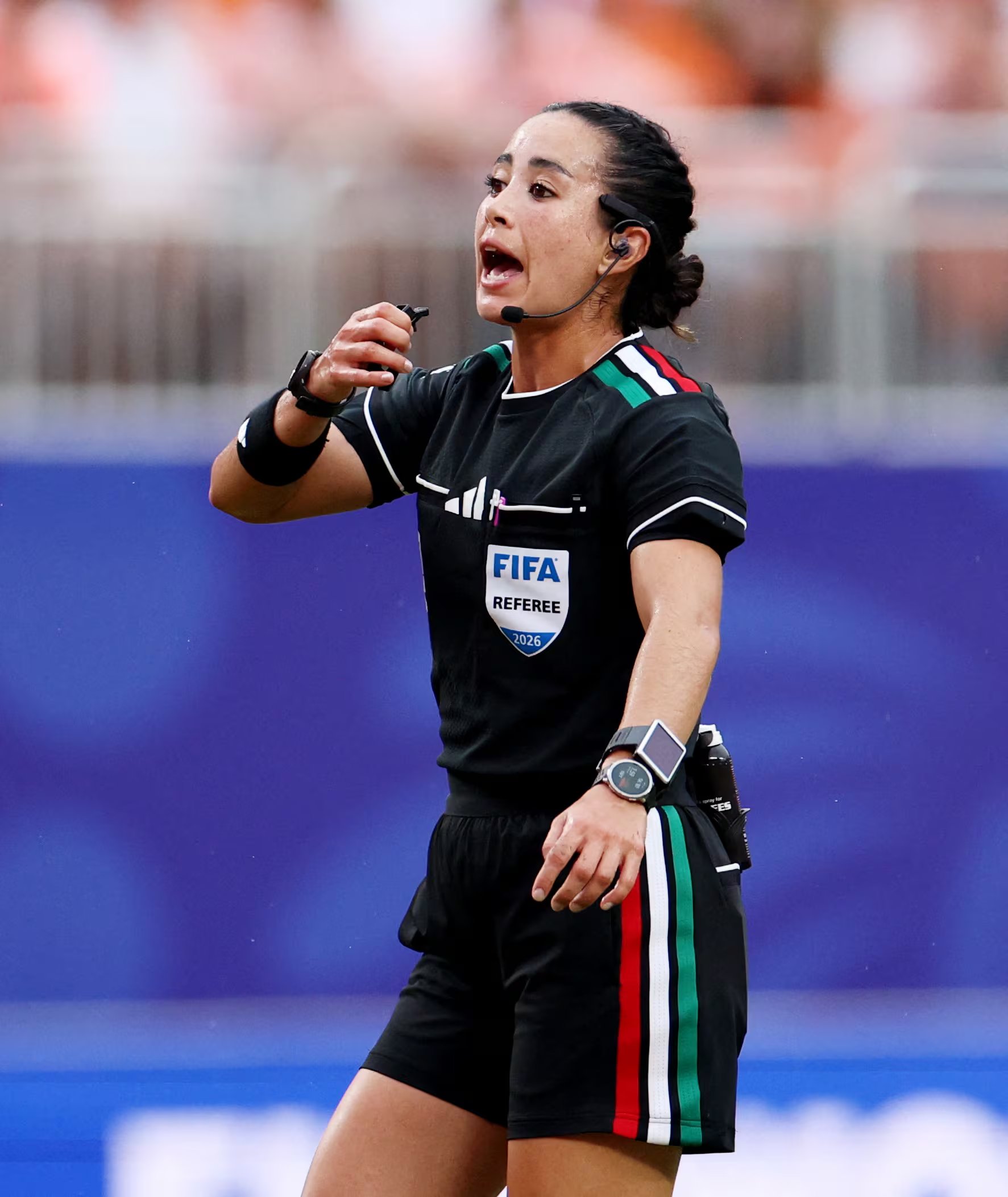 Soccer Football - FIFA World Cup 2026 - Group F - Tunisia v Netherlands - Kansas City Stadium, Kansas City, Missouri, U.S. - June 25, 2026 Referee Katia Itzel Garcia reacts REUTERS/Siphiwe Sibeko