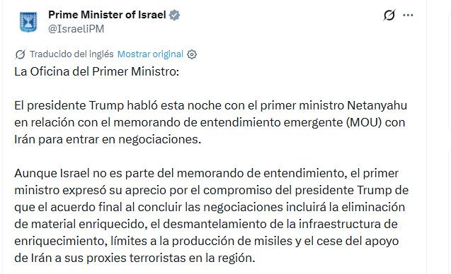 Una publicación de la cuenta oficial del Primer Ministro de Israel detalla la conversación entre el presidente Trump y Netanyahu sobre un memorándum de entendimiento con Irán