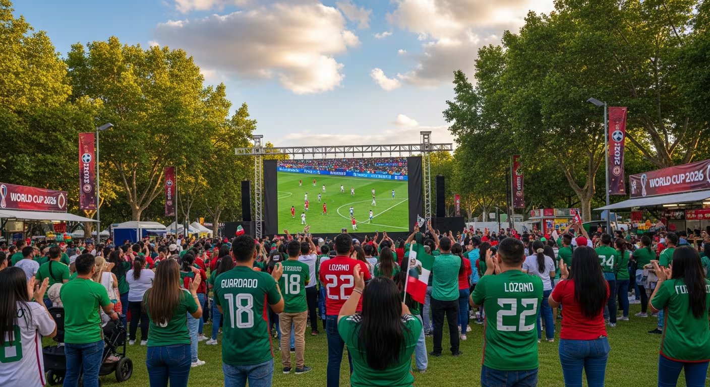 Aficionados mexicanos se congregan en un parque para ver un partido de fútbol del Mundial 2026 en una pantalla gigante, vistiendo las playeras de su selección y mostrando su apoyo. (Imagen Ilustrativa Infobae)