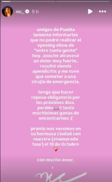 Nicole Zignago comunica a sus fans de Puebla la cancelación de su show en México debido a una cirugía de emergencia por apendicitis, necesitando reposo obligatorio.