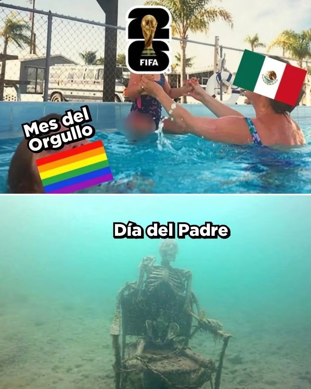 Este meme compara la celebración del Día del Padre en México en 2026 con la atención prestada al Mes del Orgullo y al Mundial de la FIFA, mediante una escena en piscina y otra submarina. (facebook)