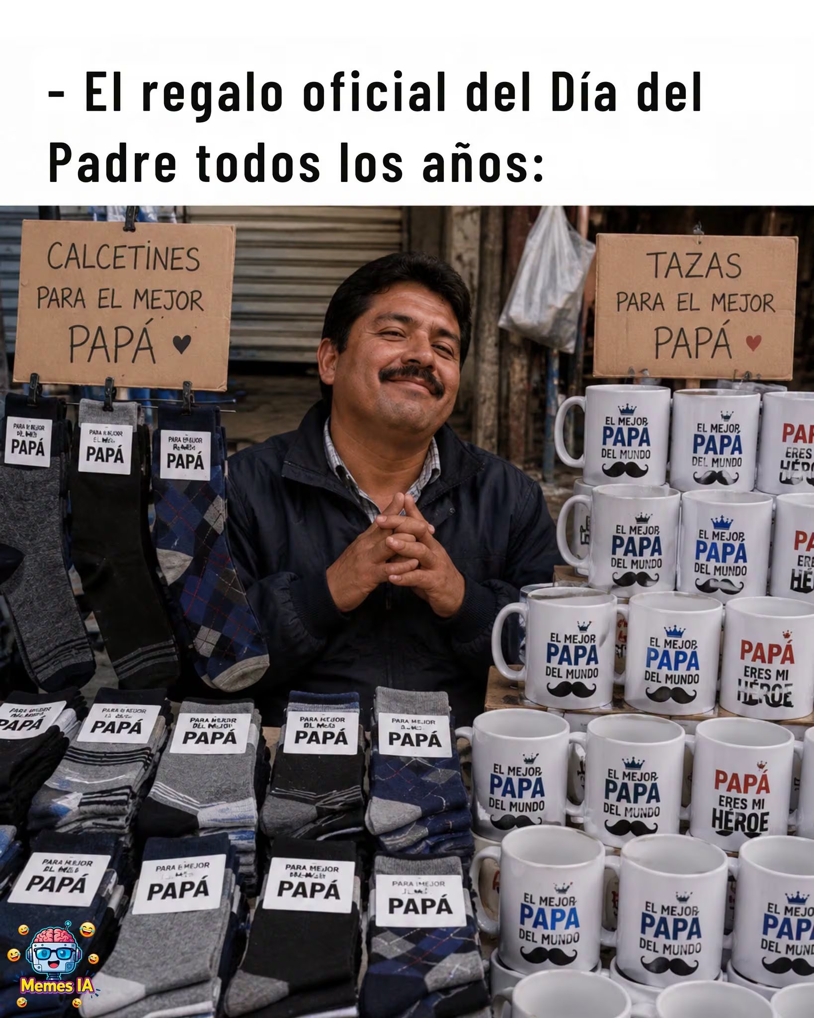 La imagen muestra a un comerciante sonriente en México con un puesto de calcetines y tazas, ilustrando los regalos tradicionales del Día del Padre. (Facebook)