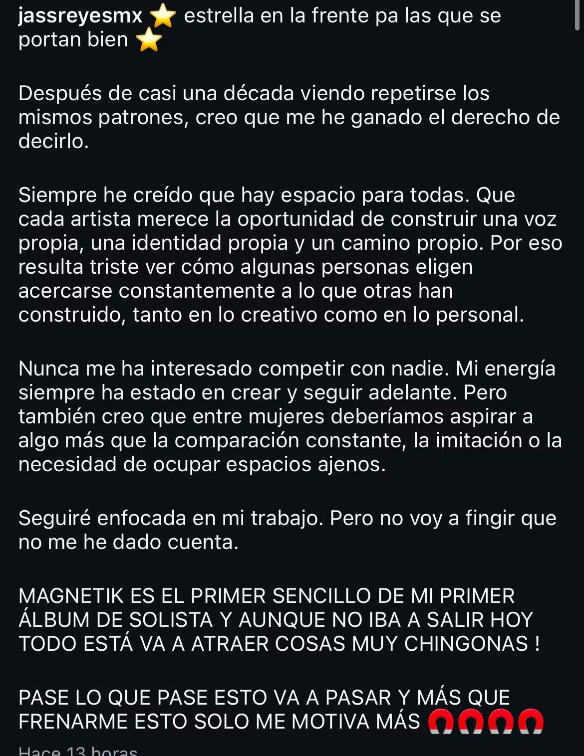 Jass Reyes afirma que en la industria musical hay espacio para todas las artistas y que cada una debe construir una voz e identidad propias. - (Instagram)