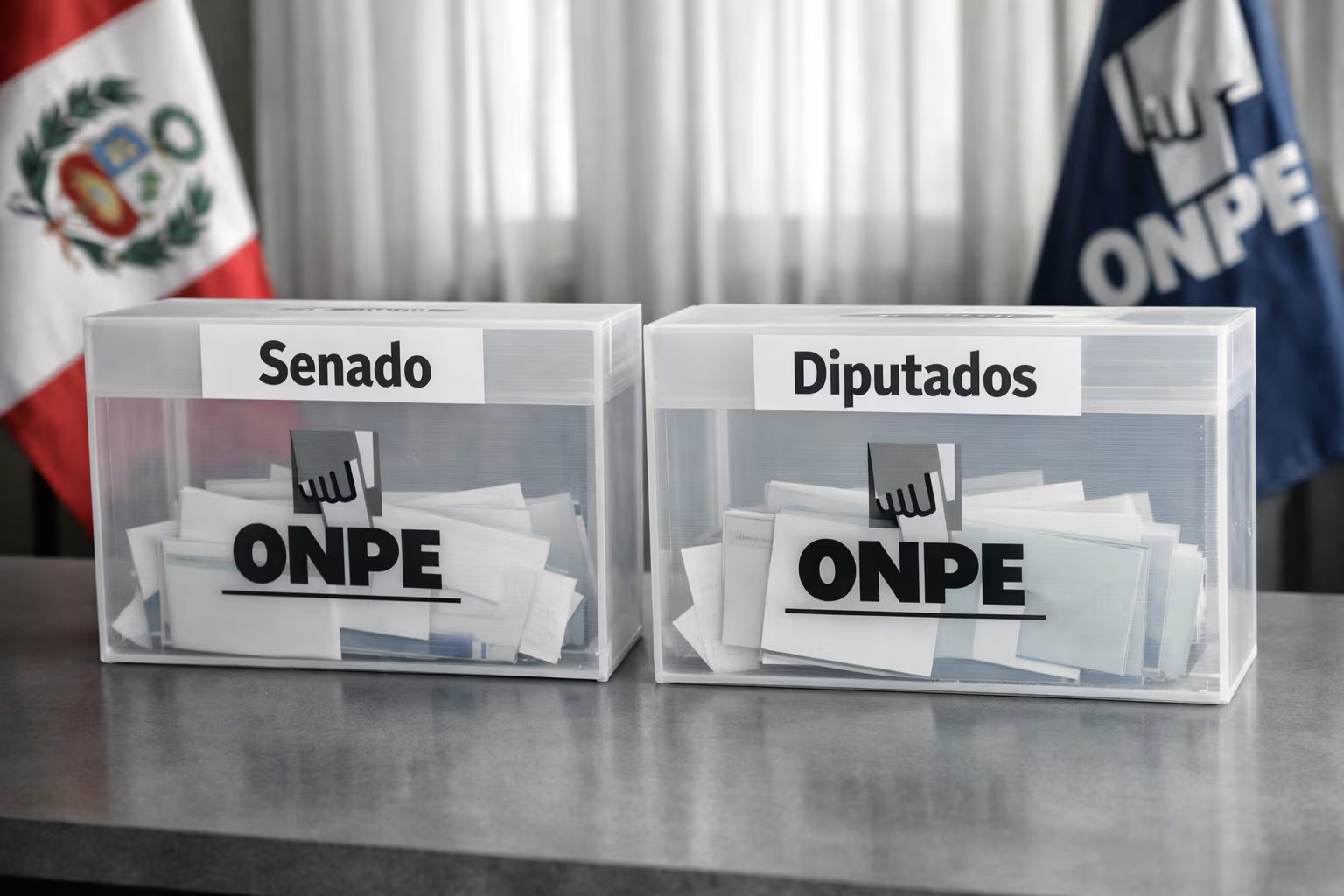 Dos urnas transparentes de votación para el Senado y Diputados, con boletas y el logo de ONPE, aguardan los resultados en un ambiente institucional con banderas peruanas. (Imagen Ilustrativa Infobae)
