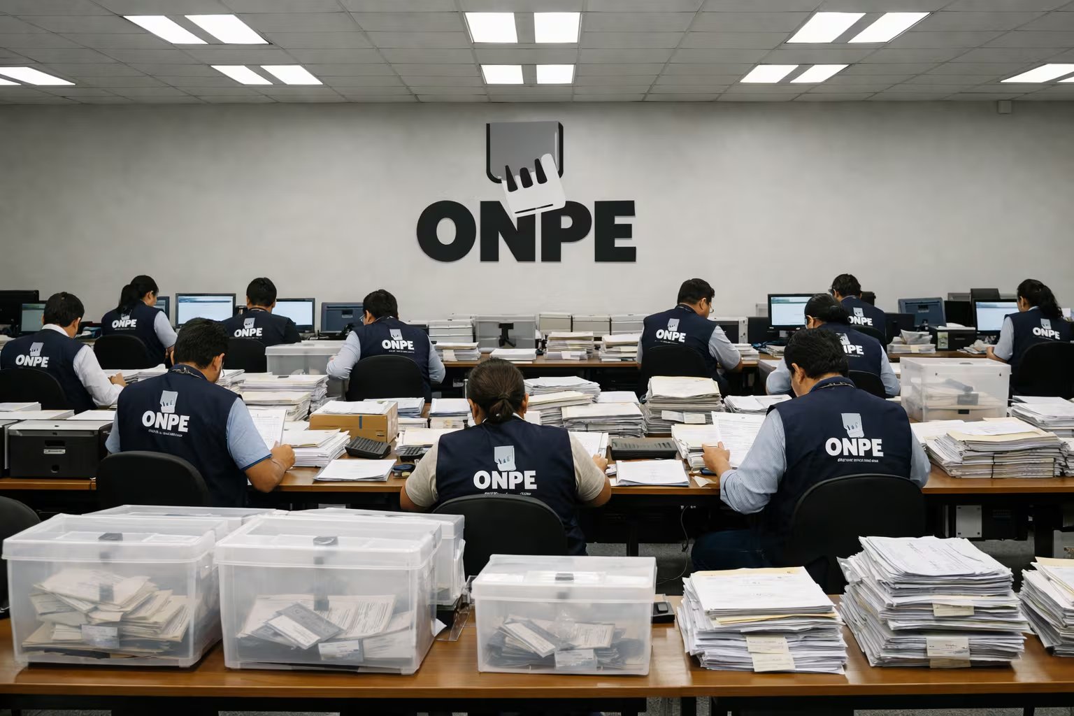 Funcionarios de la ONPE trabajan en el conteo manual de votos y el procesamiento de actas en una sala de cómputo, asegurando la transparencia del proceso electoral. (Imagen Ilustrativa Infobae)