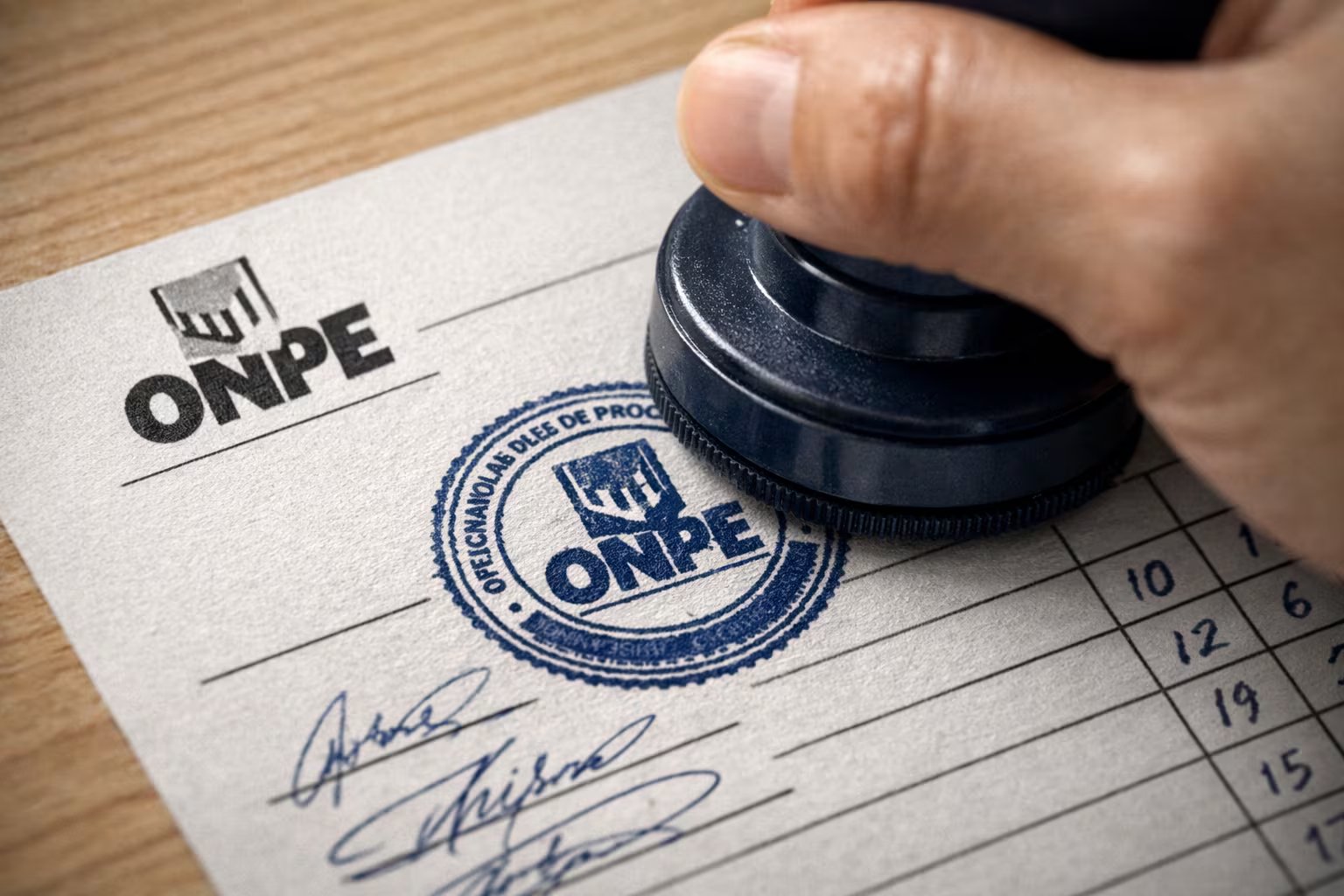 Una mano estampa el sello oficial de la ONPE en un acta electoral, mostrando el logo de la ONPE, firmas y datos numéricos, garantizando el rigor administrativo del proceso. (Imagen Ilustrativa Infobae)