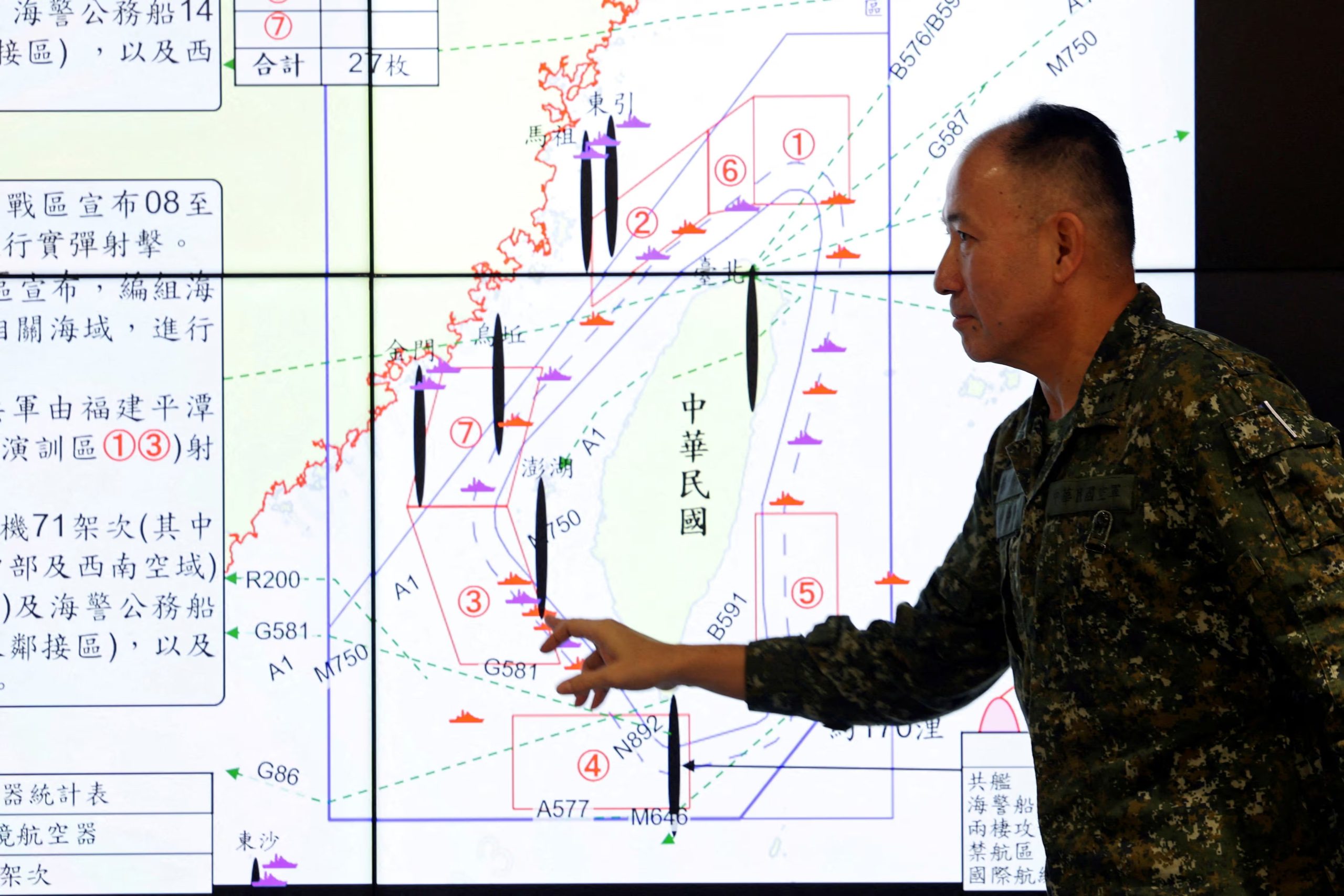 Hsieh Jih-sheng, subjefe del Estado Mayor de Inteligencia del Ministerio de Defensa de Taiwán, señala un mapa durante una conferencia de prensa sobre los ejercicios militares de China alrededor de Taiwán, en Taipéi, Taiwán, el 30 de diciembre de 2025 (Reuters)
