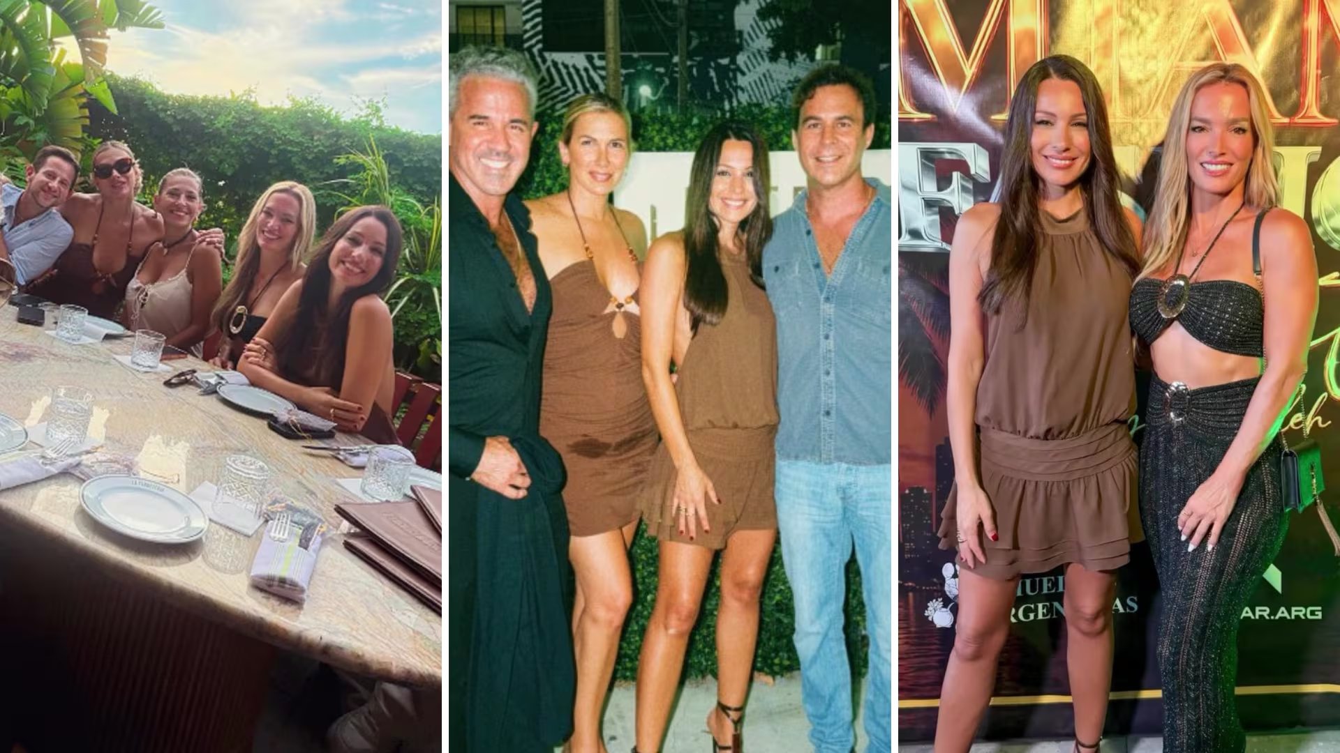 La imagen muestra a la modelo Pampita con un grupo de amigos y Martín Pepa durante diversas actividades sociales, incluyendo una cena y un evento en Miami.